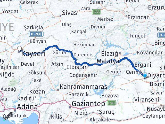 Diyarbakır Bağlar Kayseri Arası Kaç Km - Yol Haritası