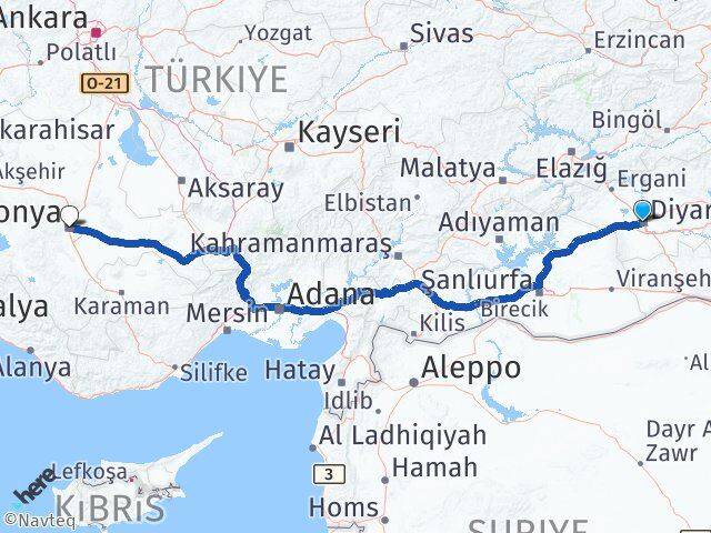 Diyarbakır Bağlar Konya Arası Kaç Km - Yol Haritası