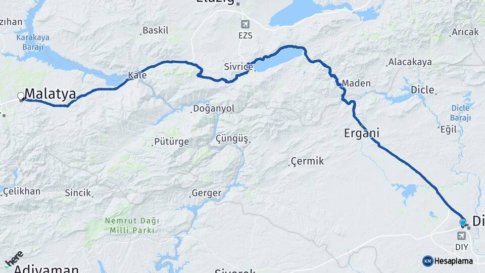 Diyarbakır Bağlar Malatya Arası Kaç Km - Yol Haritası