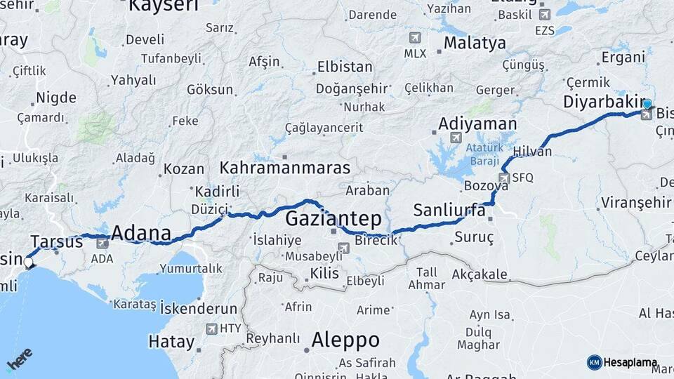 Diyarbakır Bağlar Mersin Arası Kaç Km - Yol Haritası