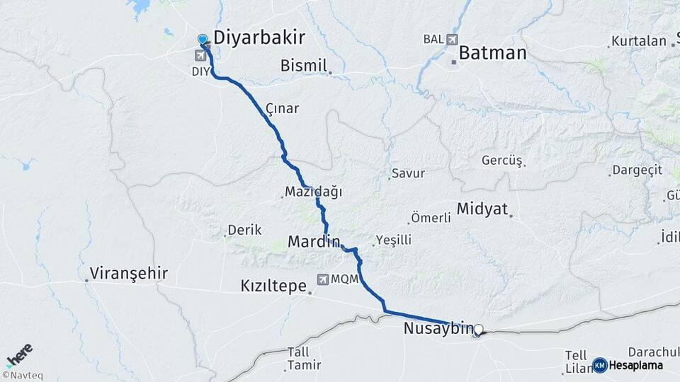 Diyarbakır Bağlar Nusaybin Mardin Arası Kaç Km - Yol Haritası