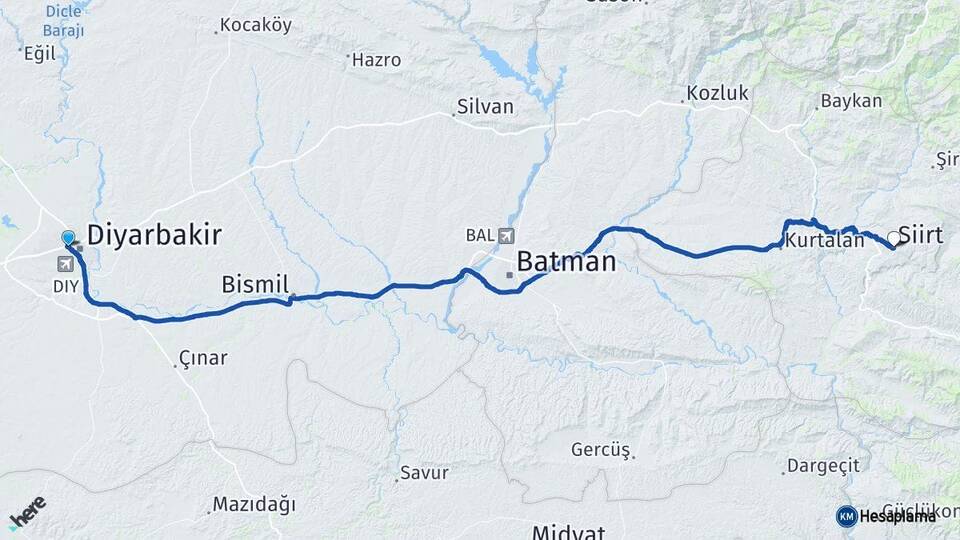Diyarbakır Bağlar Siirt Arası Kaç Km - Yol Haritası
