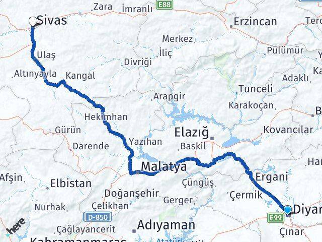 Diyarbakır Bağlar Sivas Arası Kaç Km - Yol Haritası