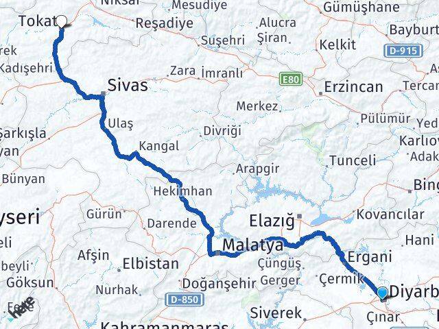 Diyarbakır Bağlar Tokat Arası Kaç Km - Yol Haritası