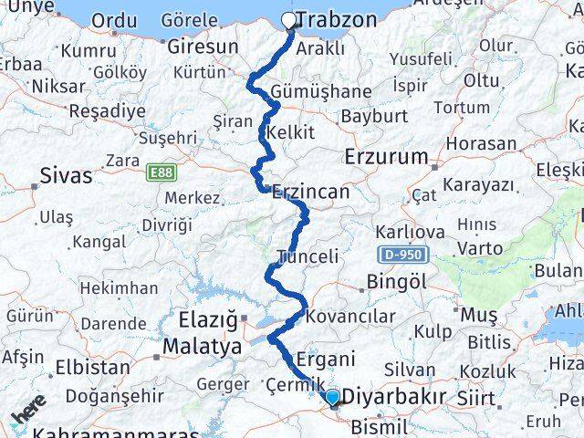 Diyarbakır Bağlar Trabzon Arası Kaç Km - Yol Haritası