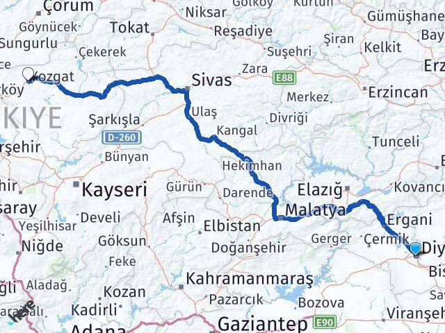 Diyarbakır Bağlar Yozgat Arası Kaç Km - Yol Haritası