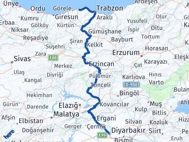 Diyarbakır Beşikdüzü Trabzon Arası Kaç Km - Yol Haritası