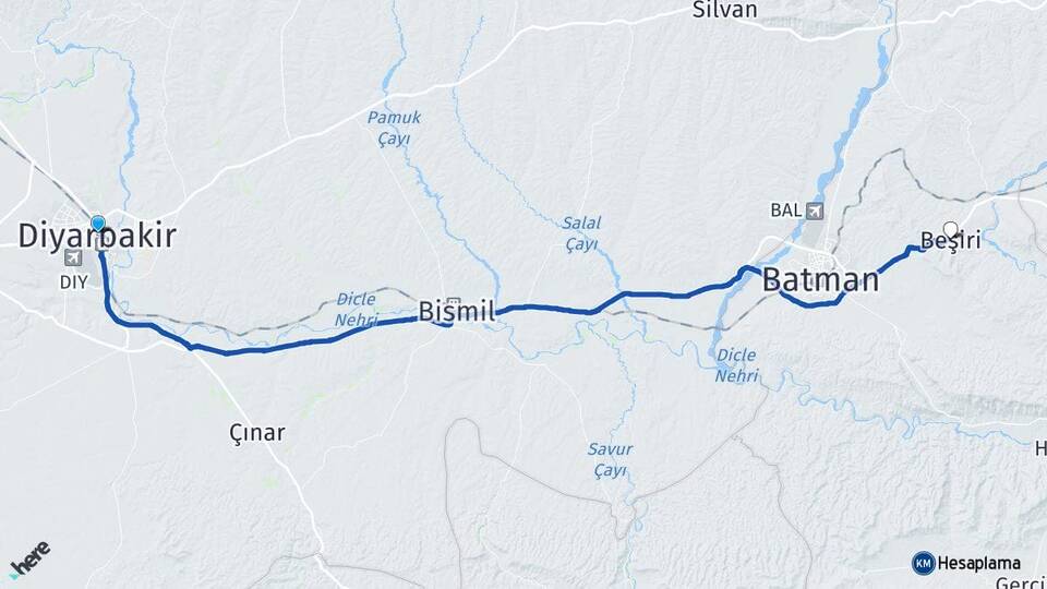 Diyarbakır Beşiri Batman Arası Kaç Km - Yol Haritası
