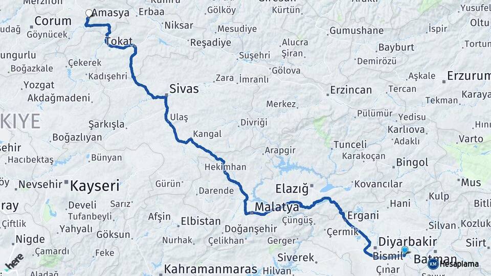 Diyarbakır Bismil Amasya Arası Kaç Km - Yol Haritası