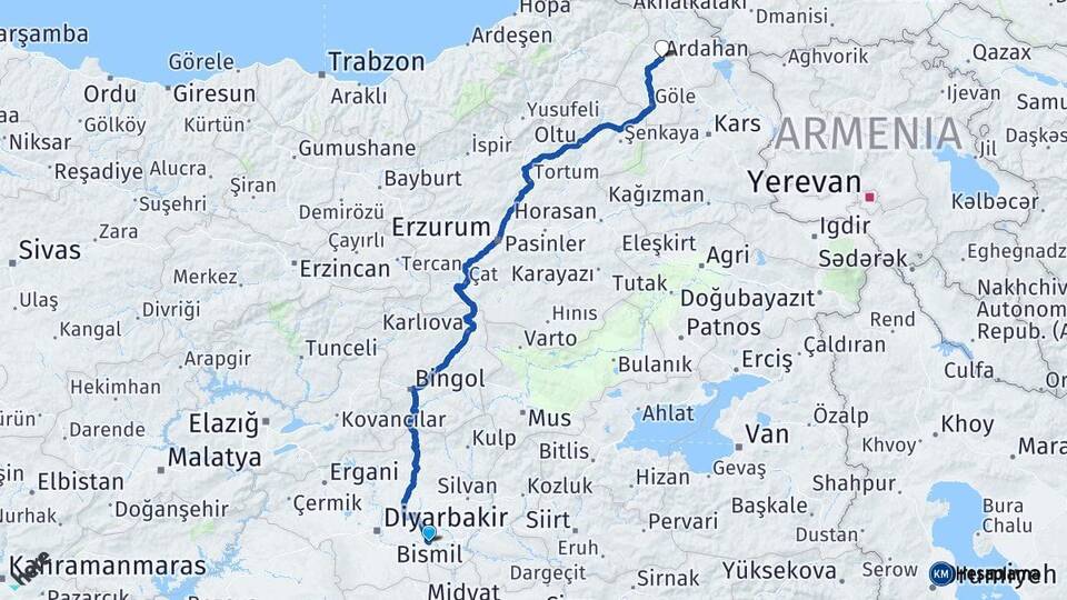 Diyarbakır Bismil Ardahan Arası Kaç Km - Yol Haritası