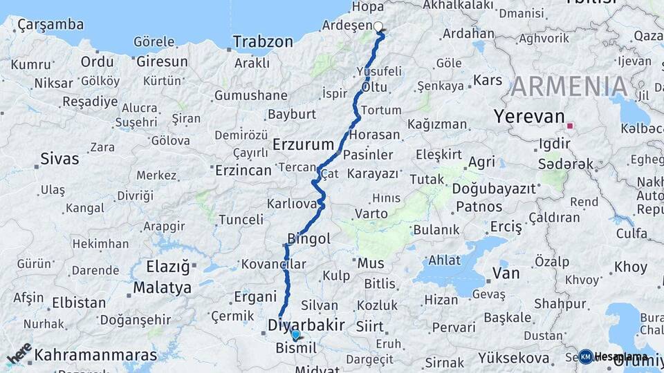 Diyarbakır Bismil Artvin Arası Kaç Km - Yol Haritası