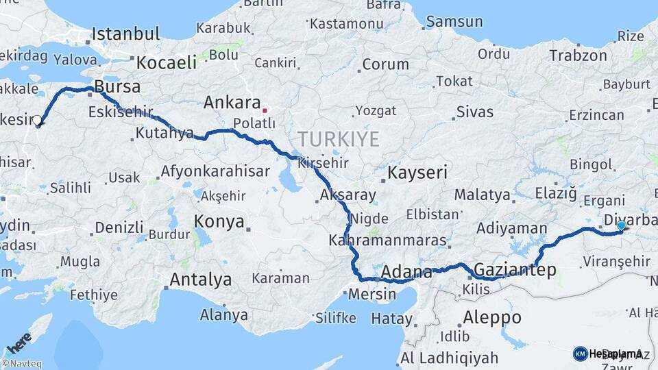 Diyarbakır Bismil Balıkesir Arası Kaç Km - Yol Haritası