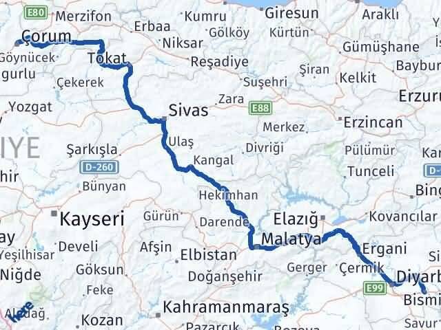Diyarbakır Bismil Çorum Arası Kaç Km - Yol Haritası
