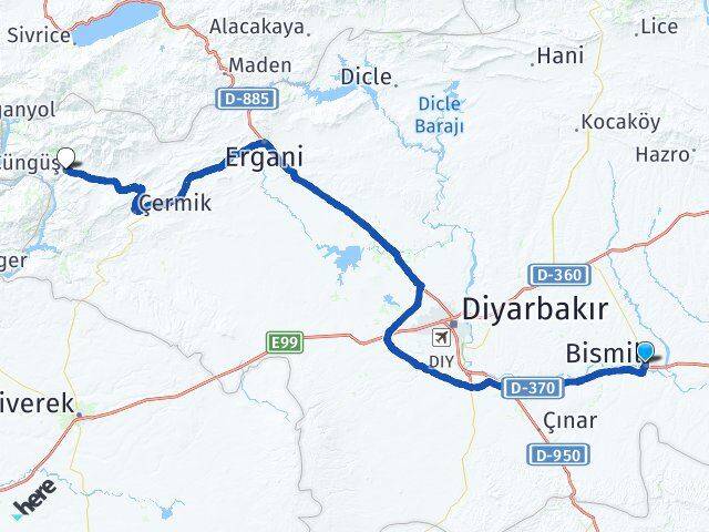 Diyarbakır Bismil Çüngüş Arası Kaç Km - Yol Haritası