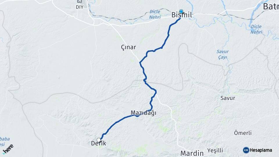 Diyarbakır Bismil Derik Mardin Arası Kaç Km - Yol Haritası