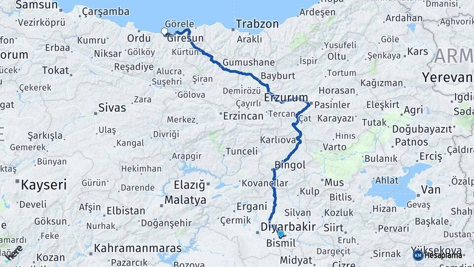 Diyarbakır Bismil Giresun Arası Kaç Km - Yol Haritası