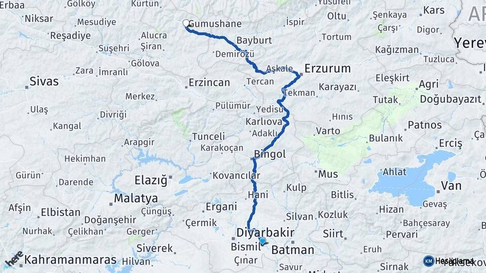 Diyarbakır Bismil Gümüşhane Arası Kaç Km - Yol Haritası