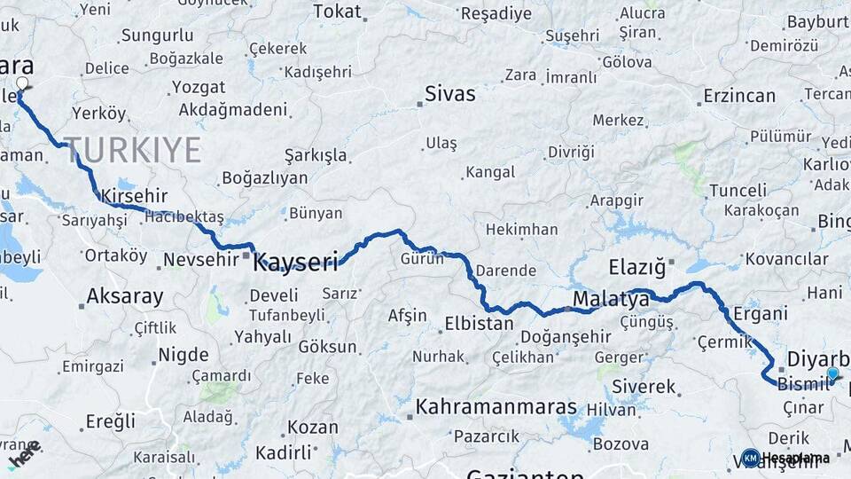 Diyarbakır Bismil Kırıkkale Arası Kaç Km - Yol Haritası
