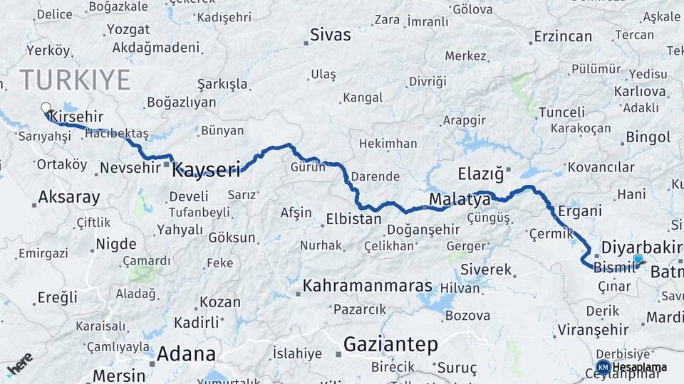 Diyarbakır Bismil Kırşehir Arası Kaç Km - Yol Haritası