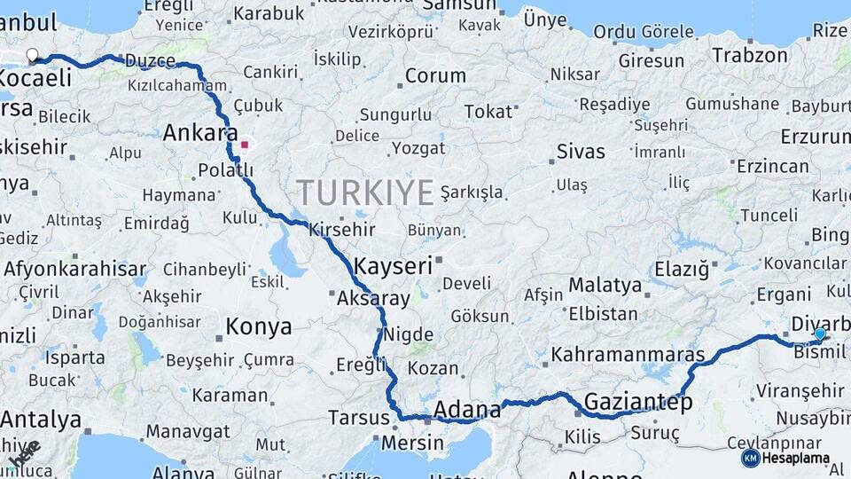 Diyarbakır Bismil Kocaeli Arası Kaç Km - Yol Haritası