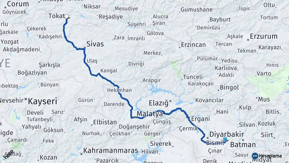 Diyarbakır Bismil Tokat Arası Kaç Km - Yol Haritası