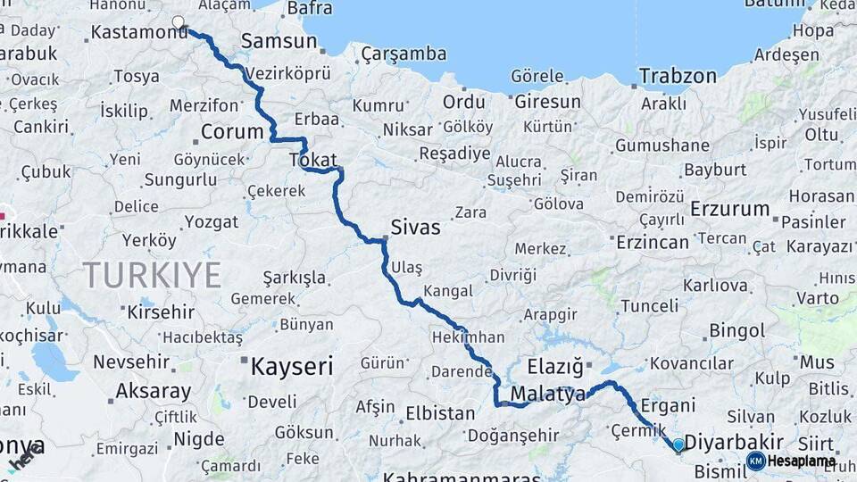 Diyarbakır Boyabat Sinop Arası Kaç Km - Yol Haritası