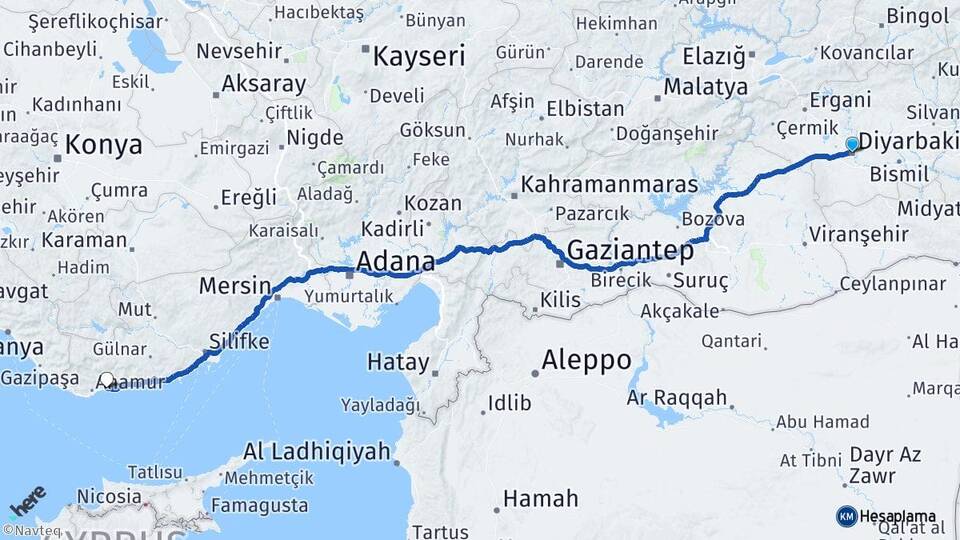 Diyarbakır Bozyazı Mersin Arası Kaç Km - Yol Haritası