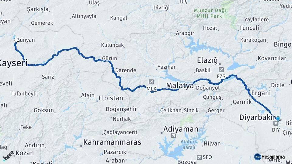 Diyarbakır Bünyan Kayseri Arası Kaç Km - Yol Haritası