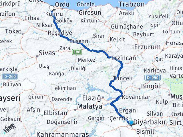 Diyarbakır Çamaş Ordu Arası Kaç Km - Yol Haritası