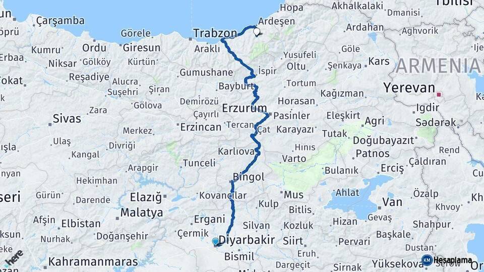 Diyarbakır Çamlıhemşin Rize Arası Kaç Km - Yol Haritası