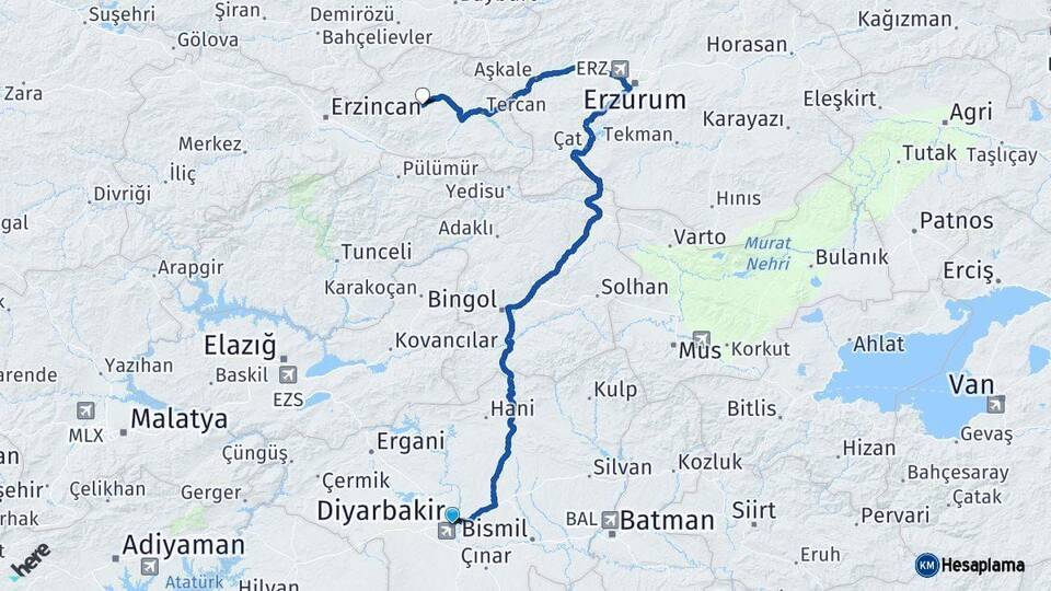 Diyarbakır Çayırlı Erzincan Arası Kaç Km - Yol Haritası