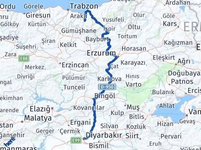 Diyarbakır Çaykara Trabzon Arası Kaç Km - Yol Haritası