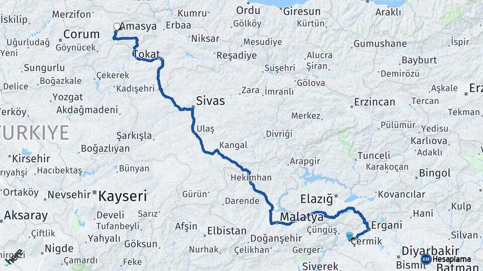 Diyarbakır Çermik Amasya Arası Kaç Km - Yol Haritası