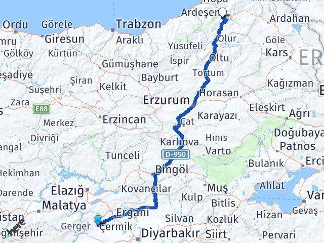 Diyarbakır Çermik Artvin Arası Kaç Km - Yol Haritası