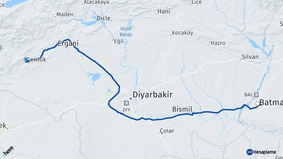 Diyarbakır Çermik Batman Arası Kaç Km - Yol Haritası