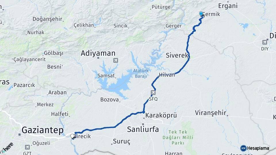 Diyarbakır Çermik Birecik Şanlıurfa Arası Kaç Km - Yol Haritası