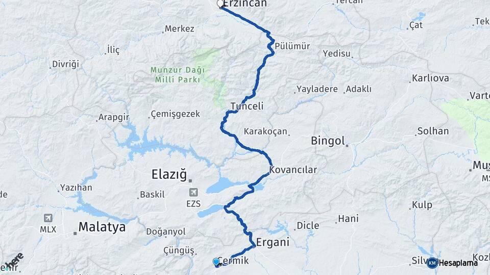 Diyarbakır Çermik Erzincan Arası Kaç Km - Yol Haritası