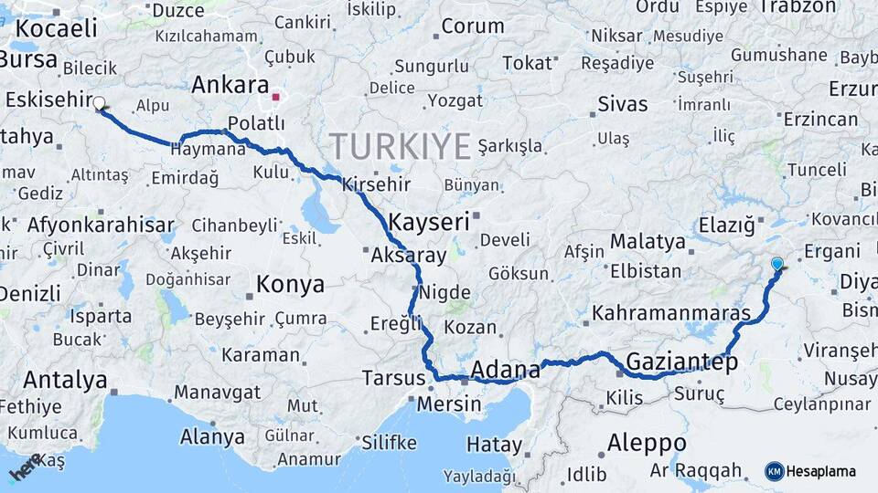 Diyarbakır Çermik Eskişehir Arası Kaç Km - Yol Haritası