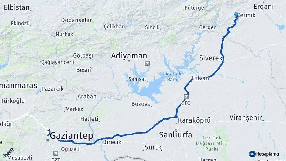 Diyarbakır Çermik Gaziantep Arası Kaç Km - Yol Haritası