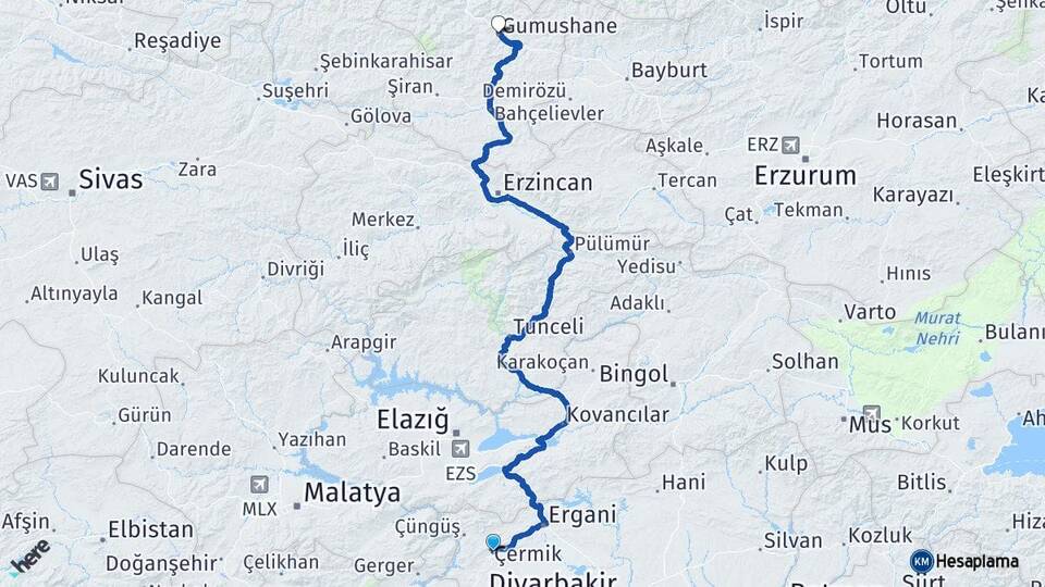 Diyarbakır Çermik Gümüşhane Arası Kaç Km - Yol Haritası