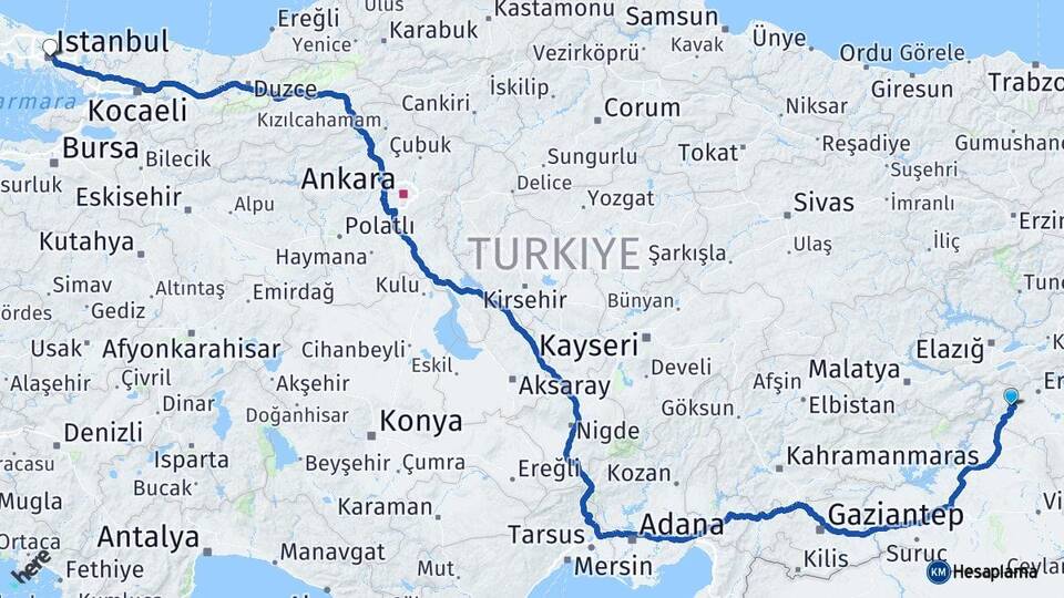 Diyarbakır Çermik İstanbul Arası Kaç Km - Yol Haritası
