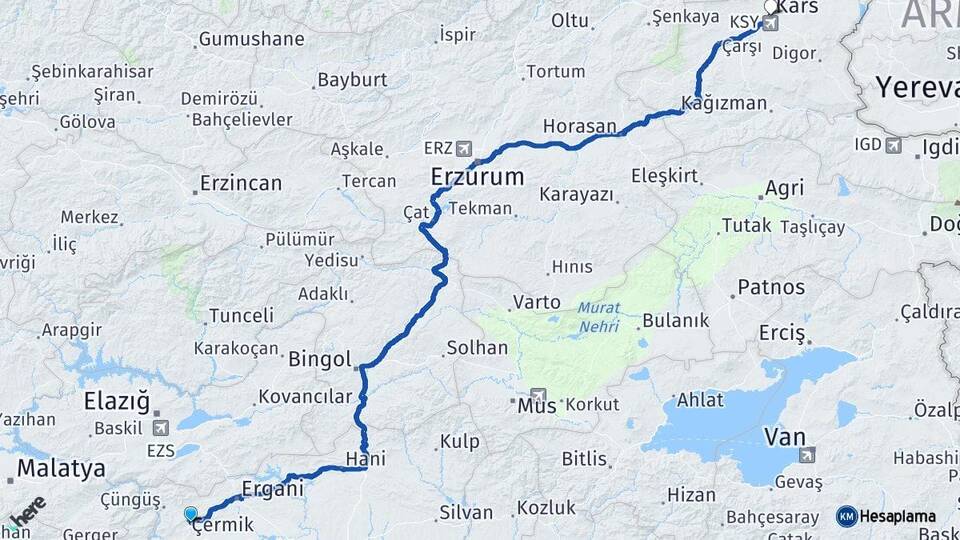 Diyarbakır Çermik Kars Arası Kaç Km - Yol Haritası