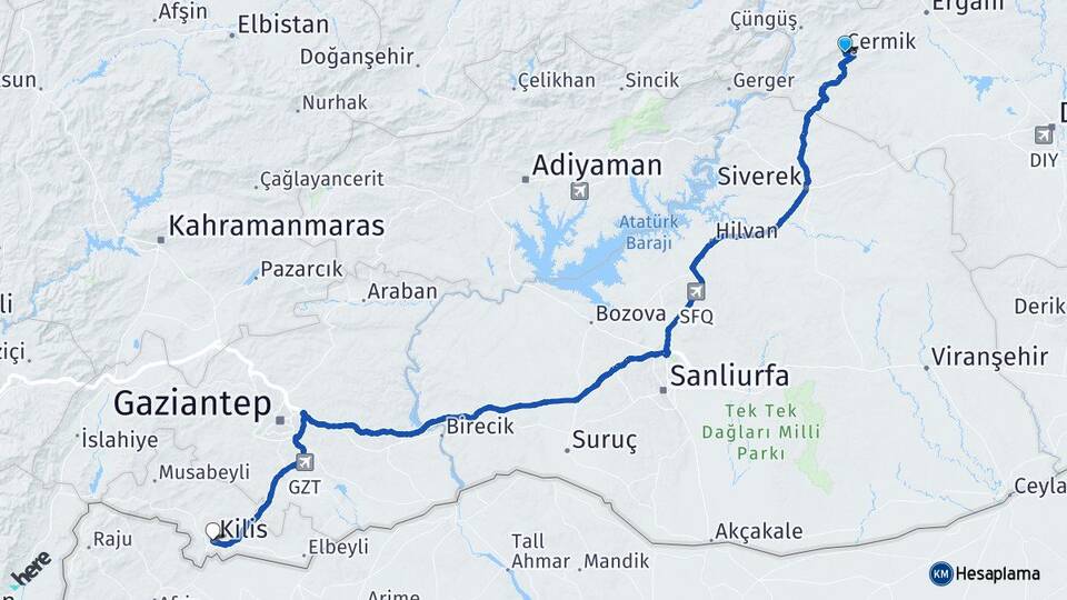 Diyarbakır Çermik Kilis Arası Kaç Km - Yol Haritası