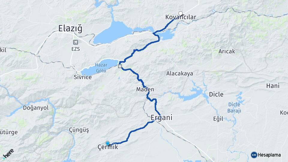 Diyarbakır Çermik Kovancılar Elazığ Arası Kaç Km - Yol Haritası