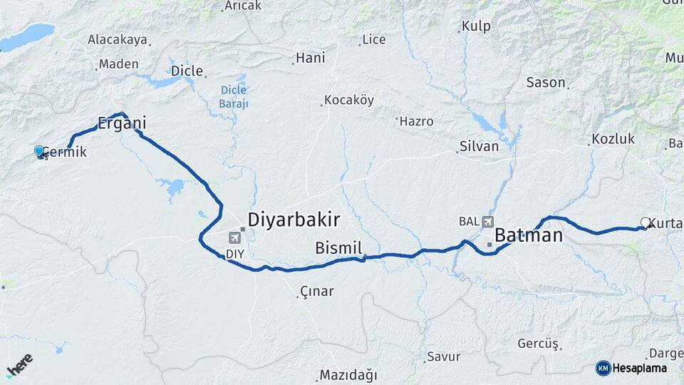 Diyarbakır Çermik Kurtalan Siirt Arası Kaç Km - Yol Haritası