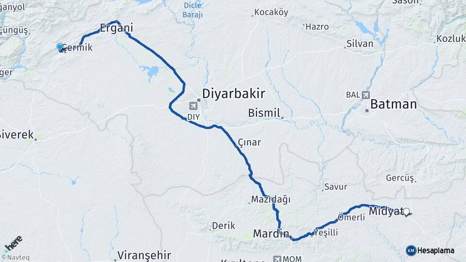 Diyarbakır Çermik Midyat Mardin Arası Kaç Km - Yol Haritası