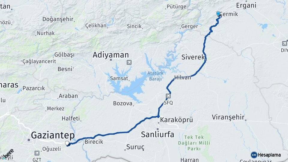 Diyarbakır Çermik Nizip Gaziantep Arası Kaç Km - Yol Haritası