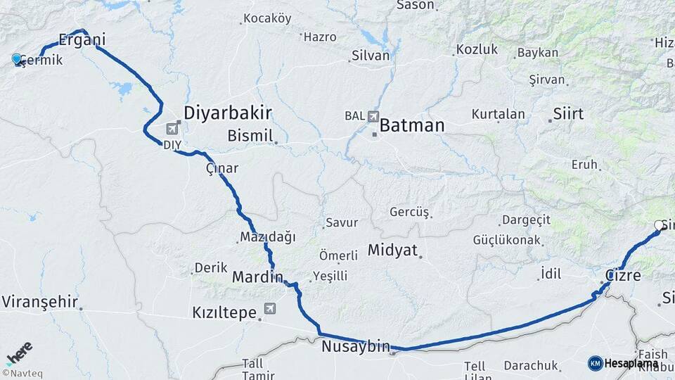 Diyarbakır Çermik Şırnak Arası Kaç Km - Yol Haritası