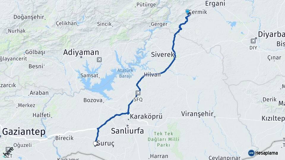 Diyarbakır Çermik Suruç Şanlıurfa Arası Kaç Km - Yol Haritası