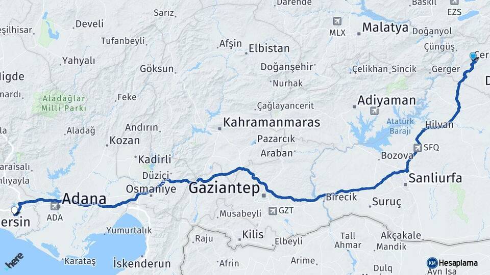 Diyarbakır Çermik Tarsus Mersin Arası Kaç Km - Yol Haritası